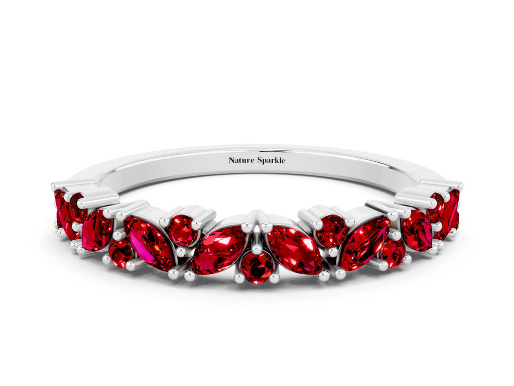 Marquise and Round Ruby Vine Eternity Band in White gold with Prong Setting