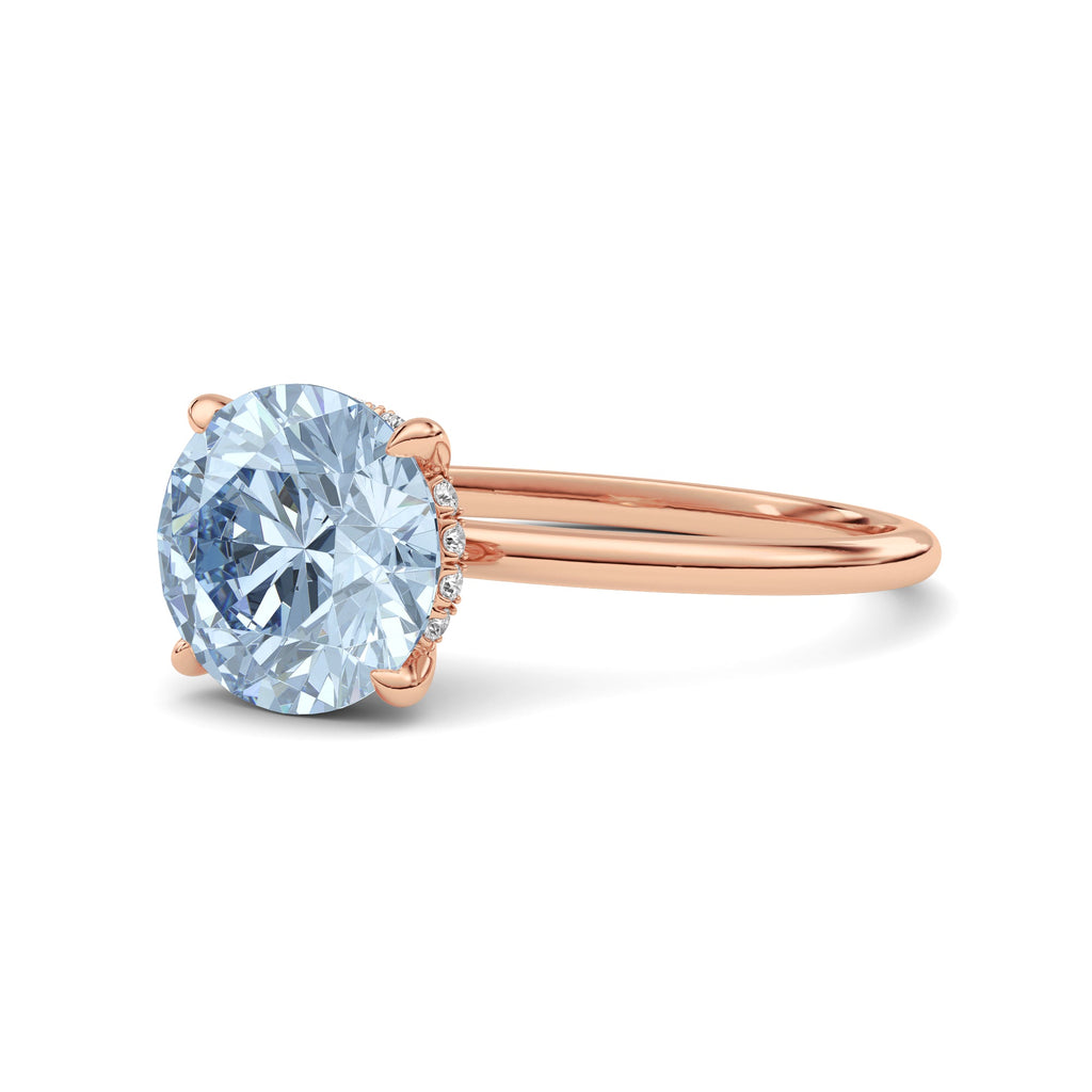 Rose gold Fancy Blue Round Cut Diamond Hidden Halo Solitaire Engagement Ring with Prong Setting