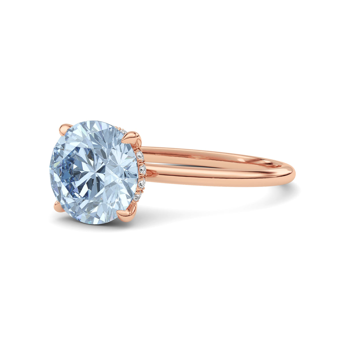 Rose gold Fancy Blue Round Cut Diamond Hidden Halo Solitaire Engagement Ring with Prong Setting
