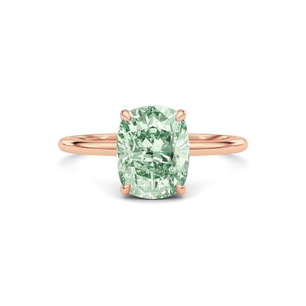 Rose gold Fancy Green Cushion Cut Diamond Hidden Halo Solitaire Engagement Ring with Prong Setting