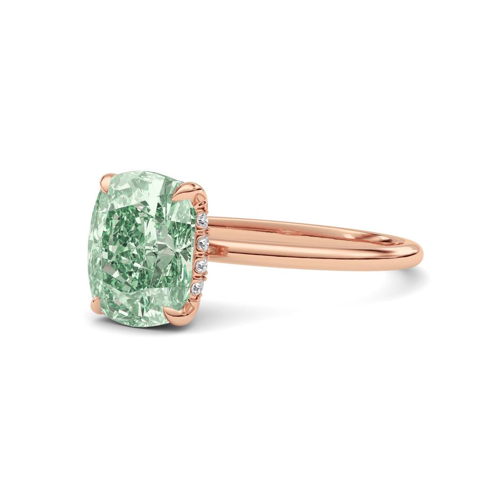 Rose gold Fancy Green Cushion Cut Diamond Hidden Halo Solitaire Engagement Ring with Prong Setting