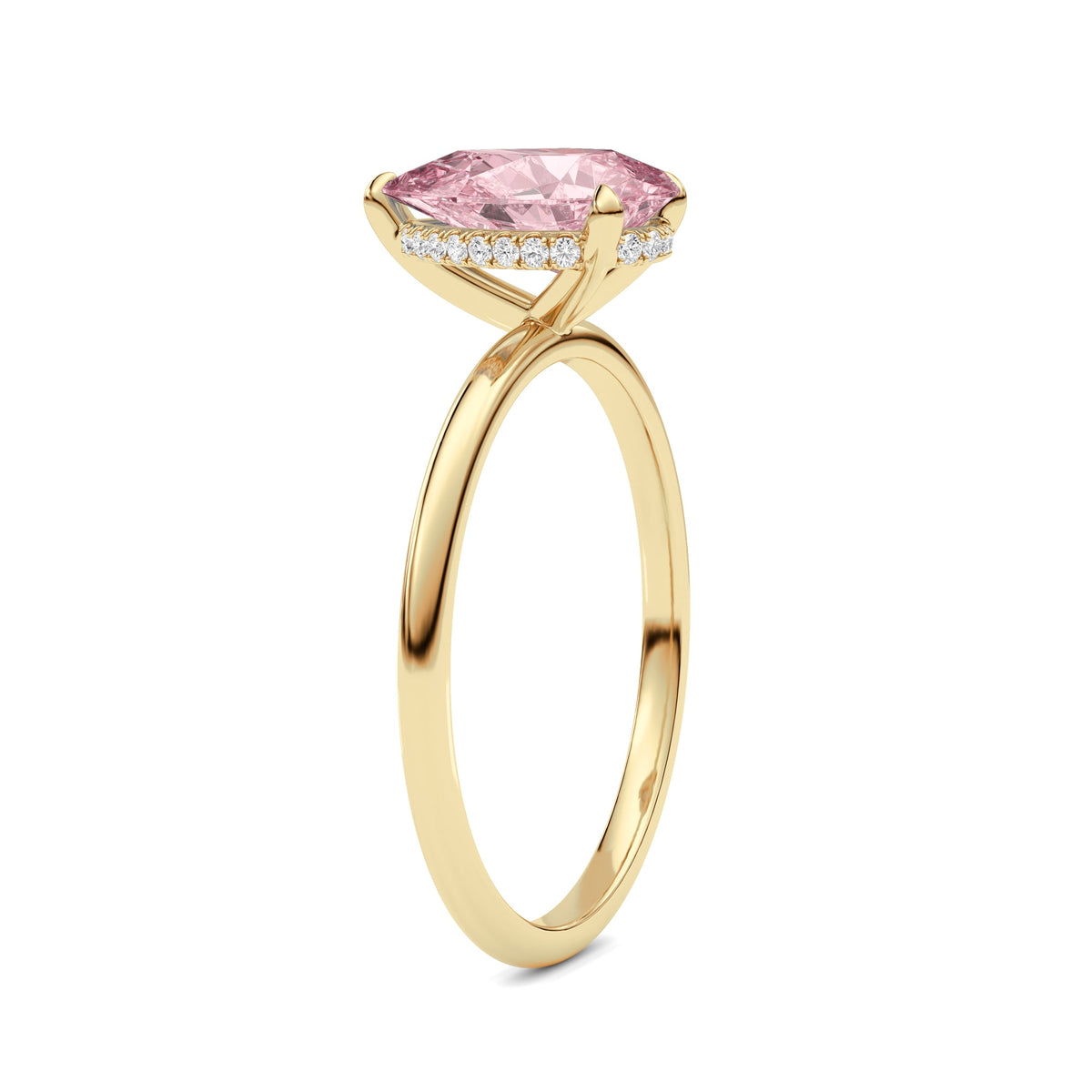 Yellow gold Fancy Pink Pear Cut Diamond Hidden Halo Solitaire Engagement Ring with Prong Setting