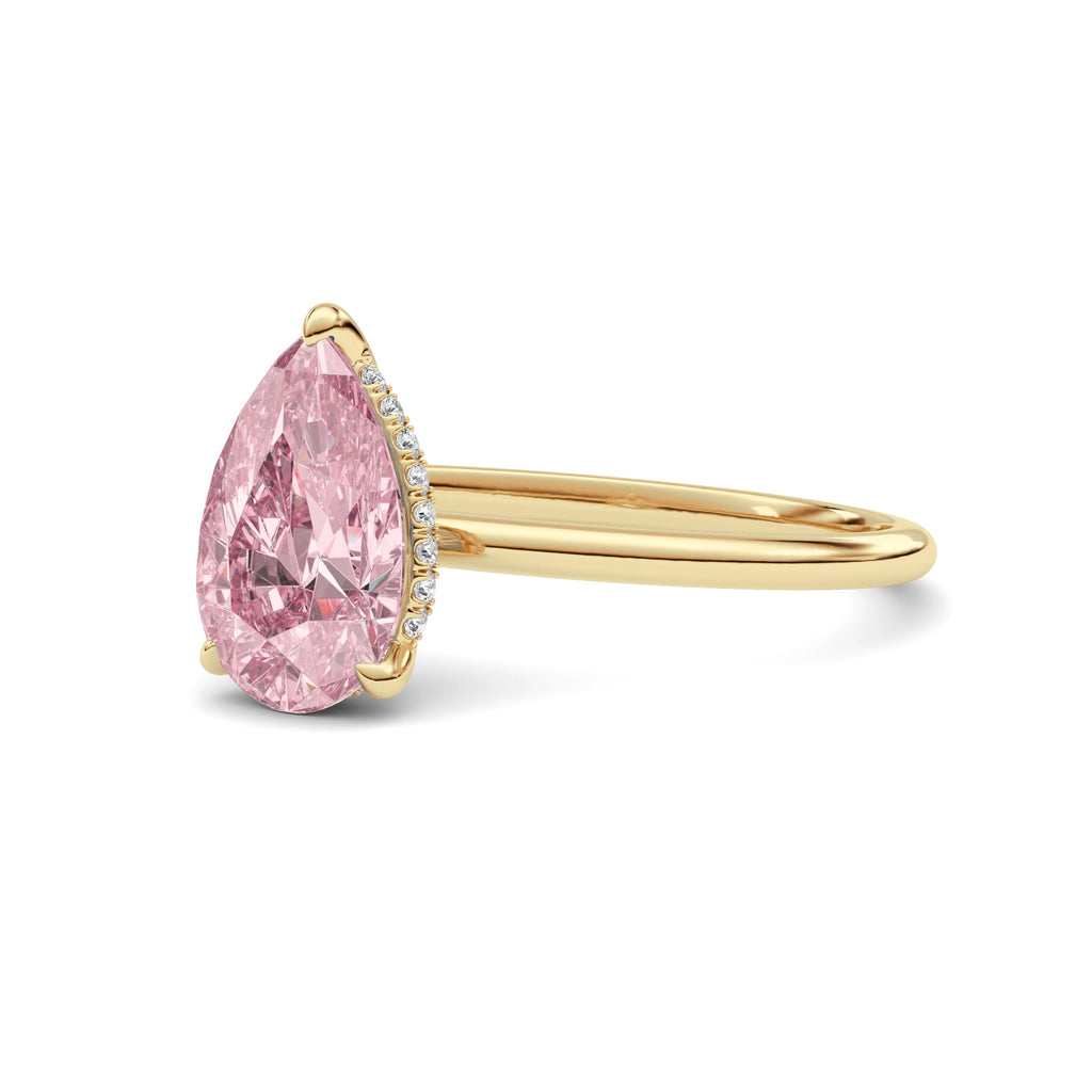 Yellow gold Fancy Pink Pear Cut Diamond Hidden Halo Solitaire Engagement Ring with Prong Setting