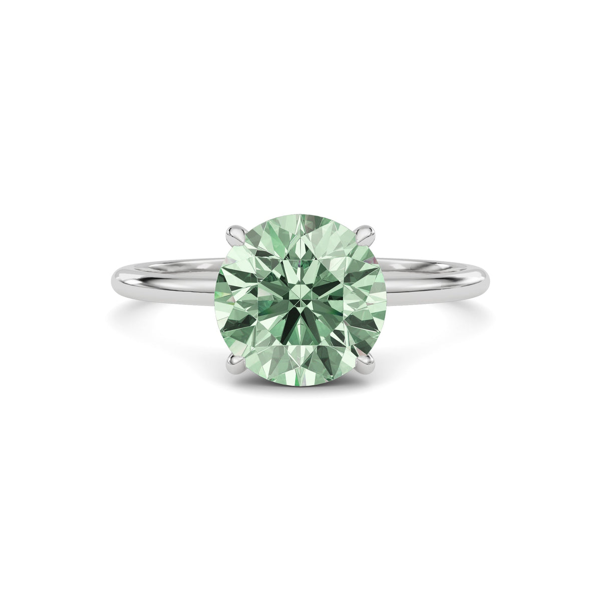 White gold Fancy Green Round Cut Diamond Hidden Halo Solitaire Engagement Ring with Prong Setting