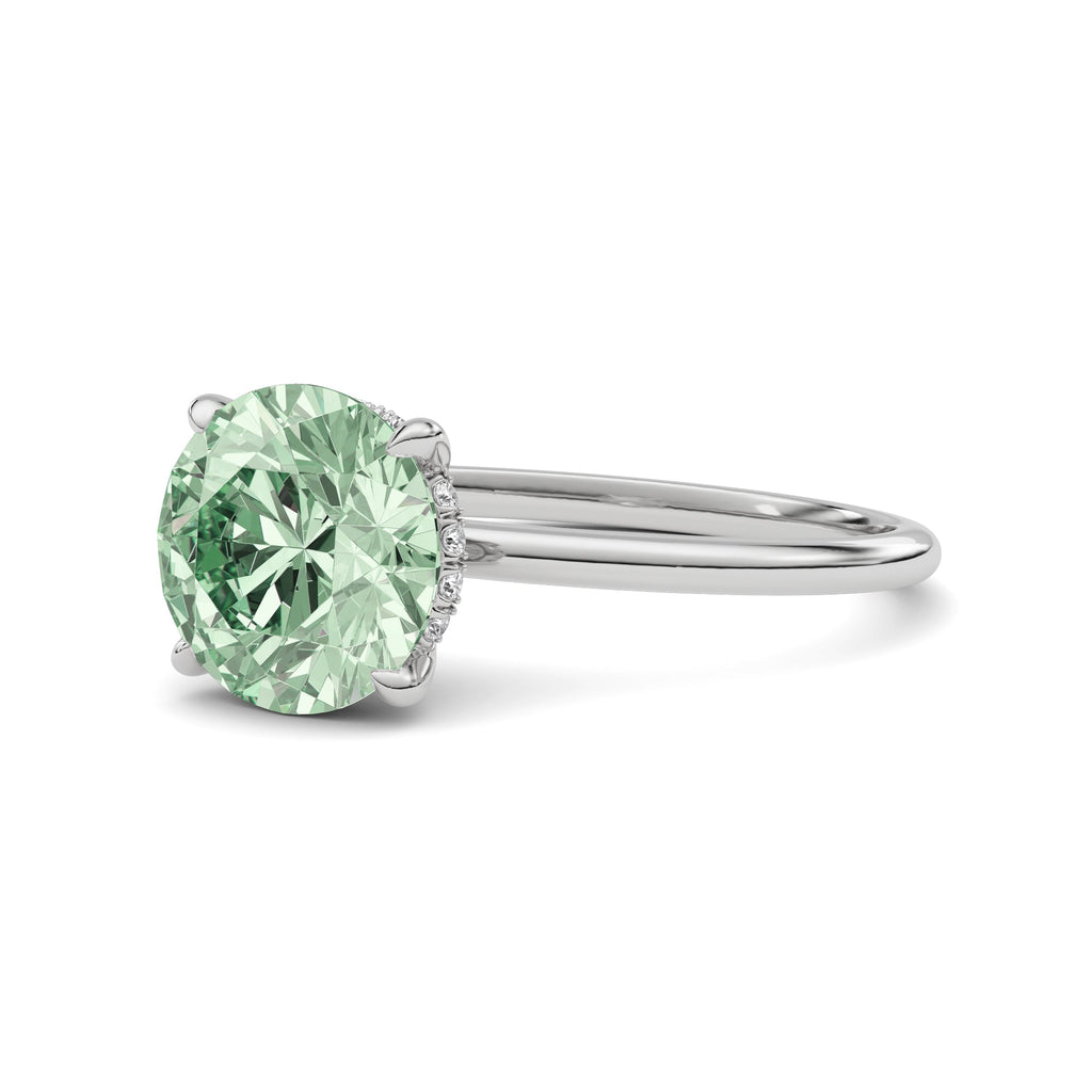 White gold Fancy Green Round Cut Diamond Hidden Halo Solitaire Engagement Ring with Prong Setting