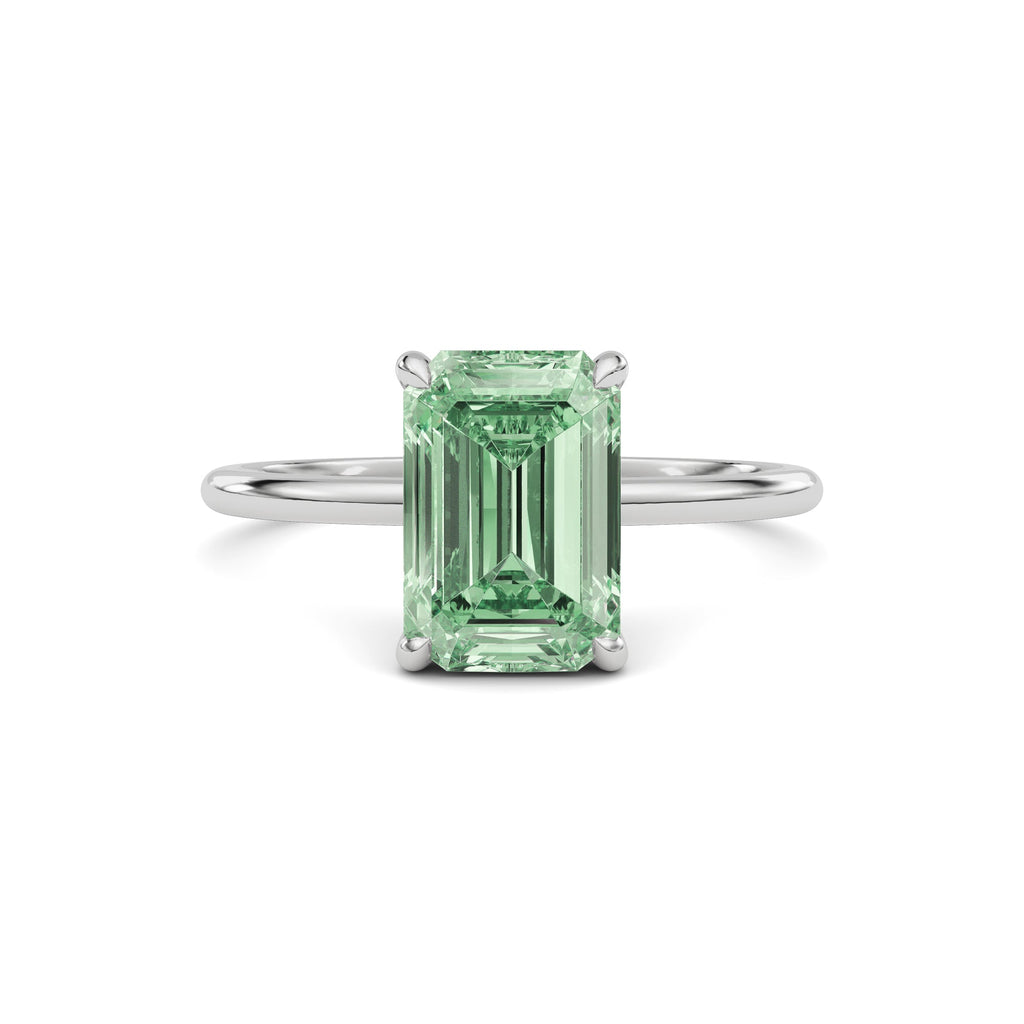 White gold Fancy Green Emerald Cut Diamond Hidden Halo Solitaire Engagement Ring with Prong Setting
