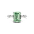 White gold Fancy Green Emerald Cut Diamond Hidden Halo Solitaire Engagement Ring with Prong Setting