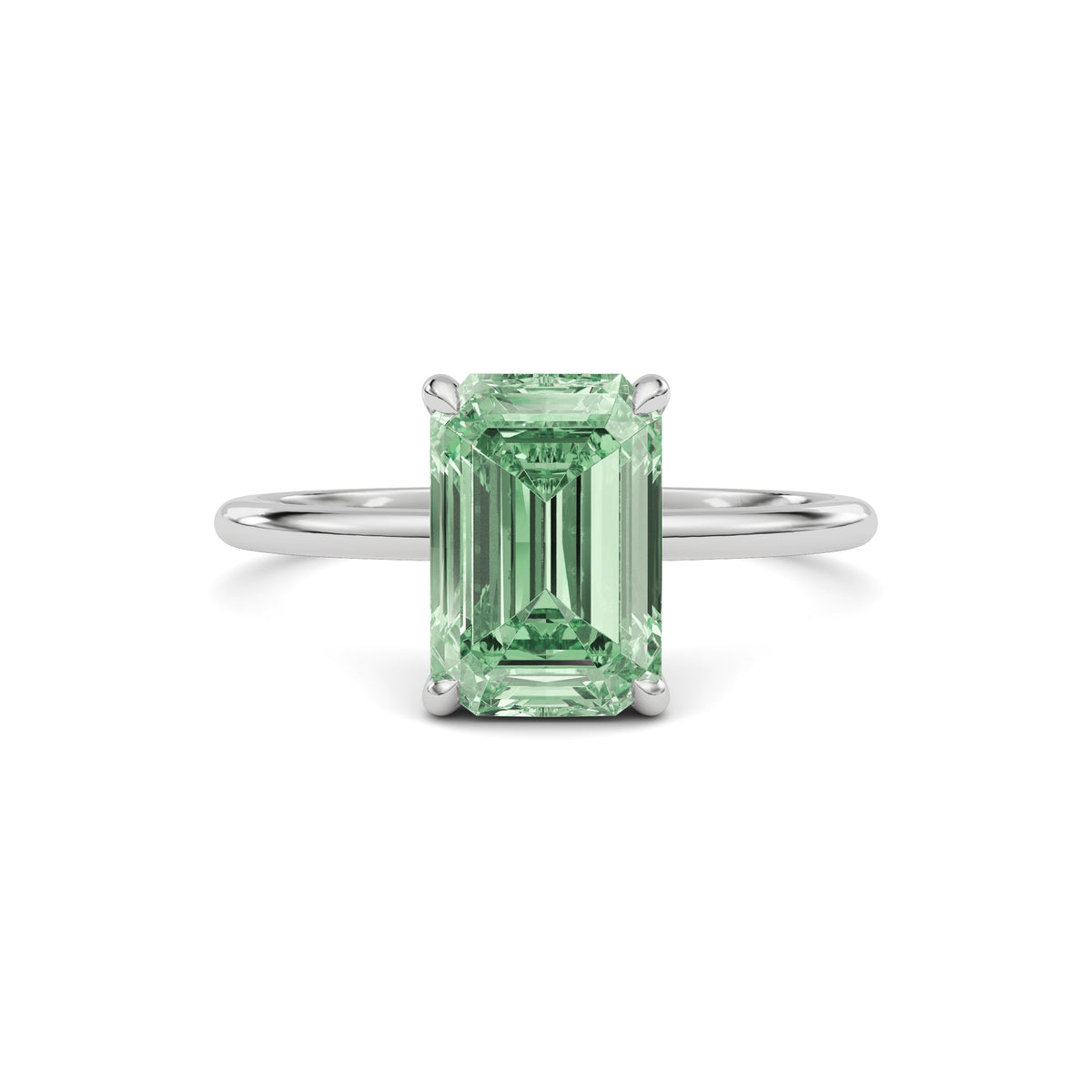 White gold Fancy Green Emerald Cut Diamond Hidden Halo Solitaire Engagement Ring with Prong Setting