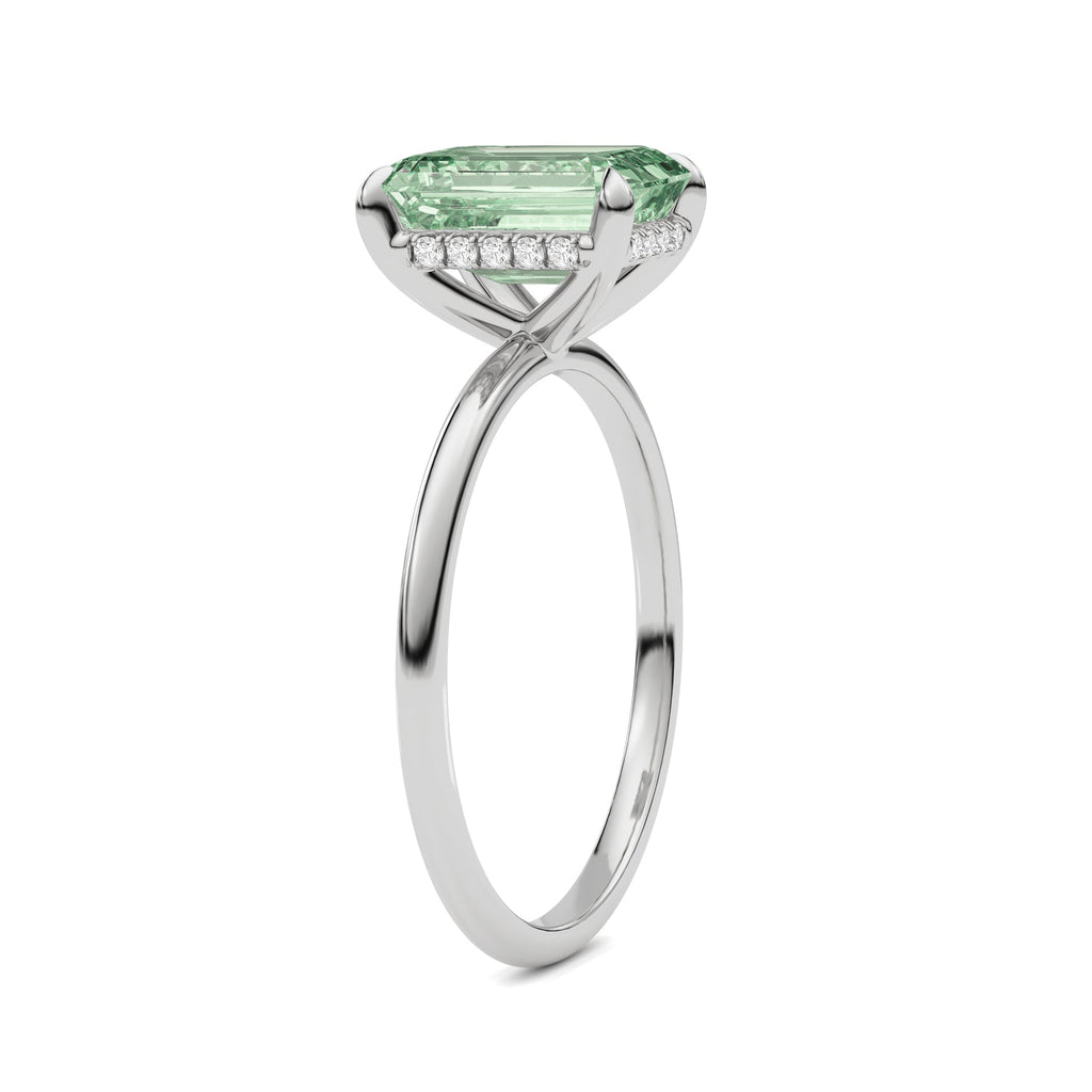 White gold Fancy Green Emerald Cut Diamond Hidden Halo Solitaire Engagement Ring with Prong Setting