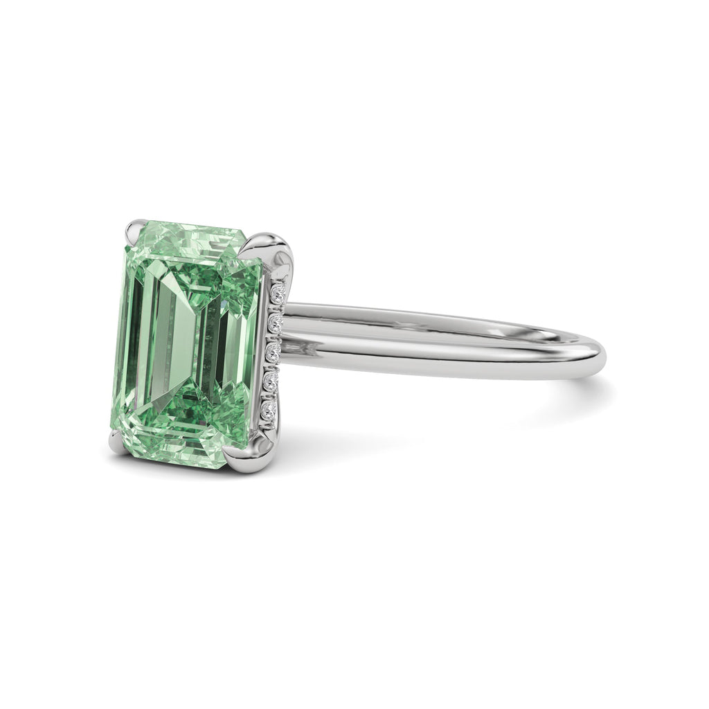 White gold Fancy Green Emerald Cut Diamond Hidden Halo Solitaire Engagement Ring with Prong Setting