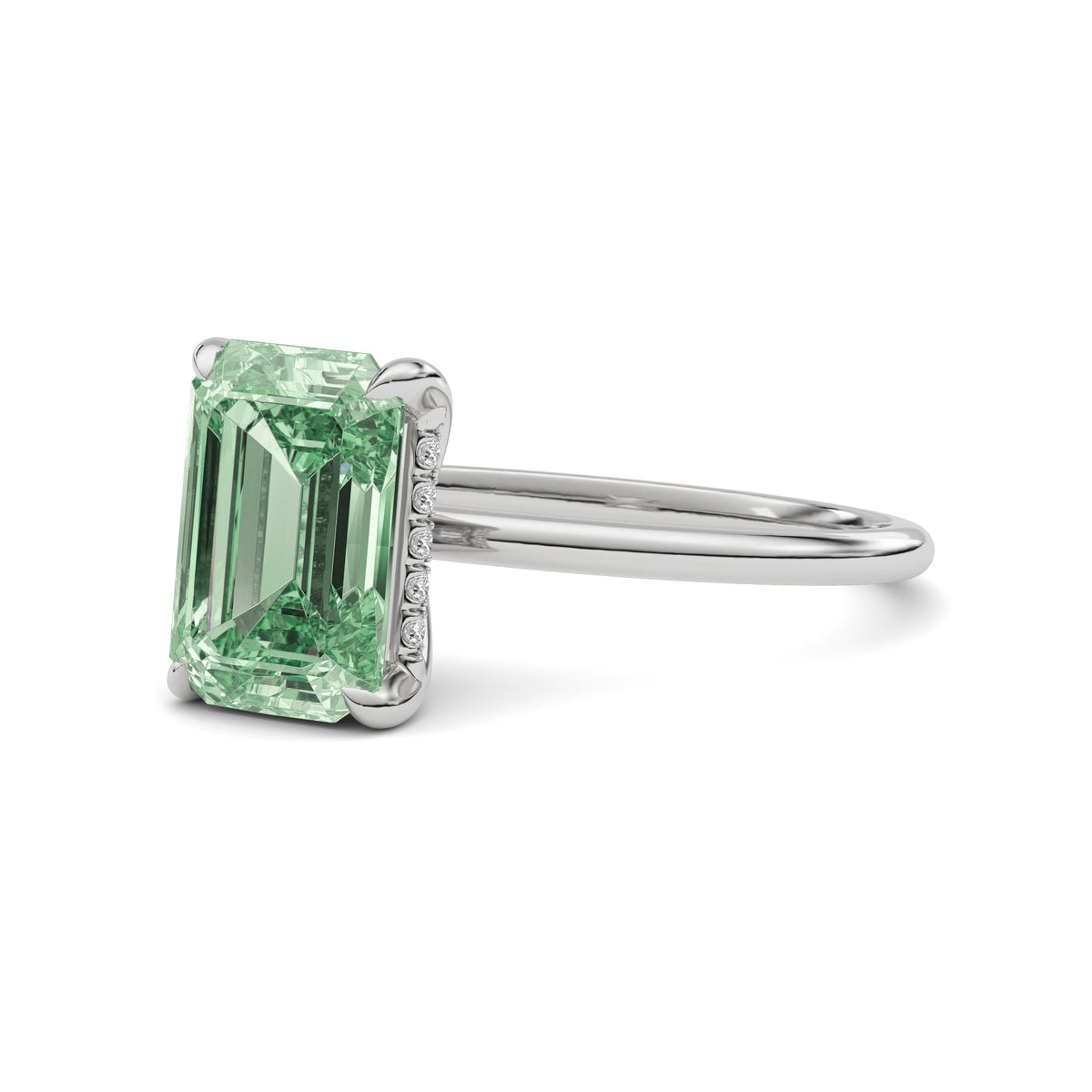 White gold Fancy Green Emerald Cut Diamond Hidden Halo Solitaire Engagement Ring with Prong Setting