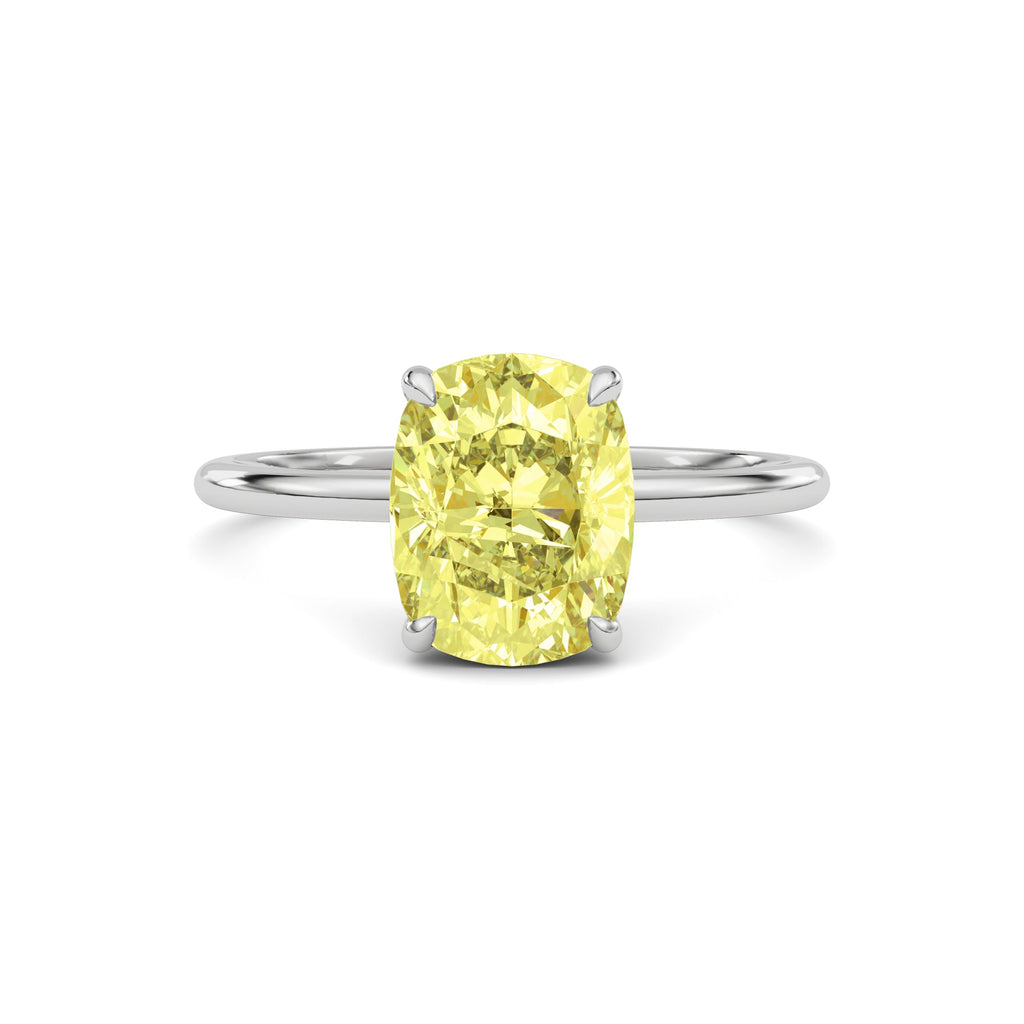 White gold Fancy Yellow Cushion Cut Diamond Hidden Halo Solitaire Engagement Ring with Prong Setting