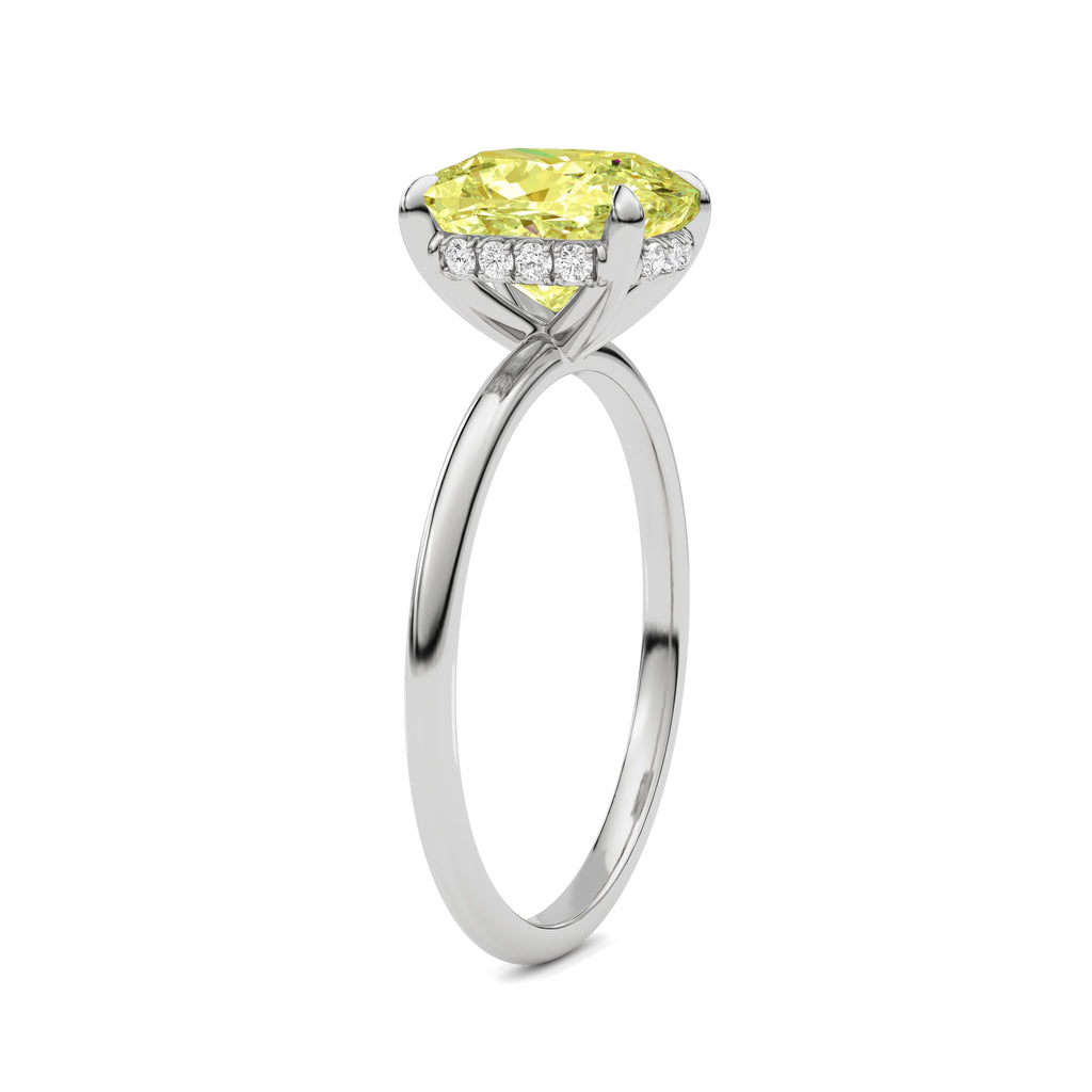 White gold Fancy Yellow Cushion Cut Diamond Hidden Halo Solitaire Engagement Ring with Prong Setting