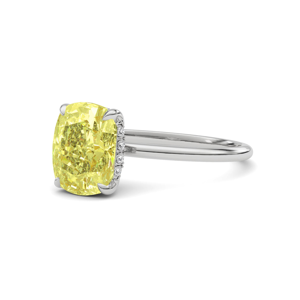 White gold Fancy Yellow Cushion Cut Diamond Hidden Halo Solitaire Engagement Ring with Prong Setting