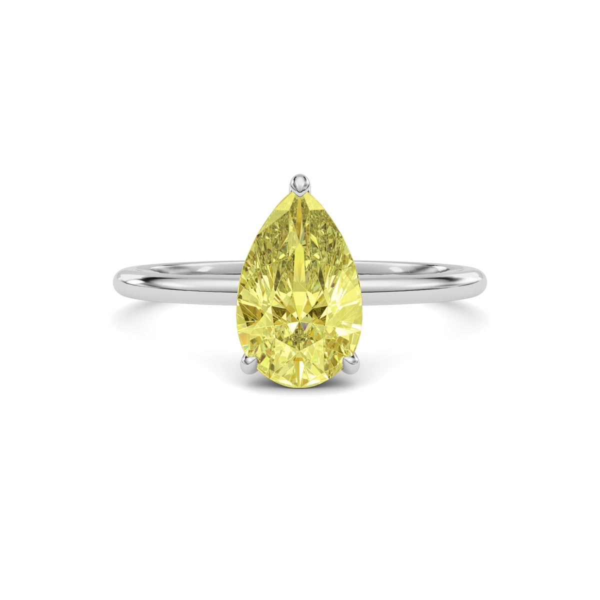 Silver Fancy Yellow Pear Cut Diamond Hidden Halo Solitaire Engagement Ring with Prong Setting