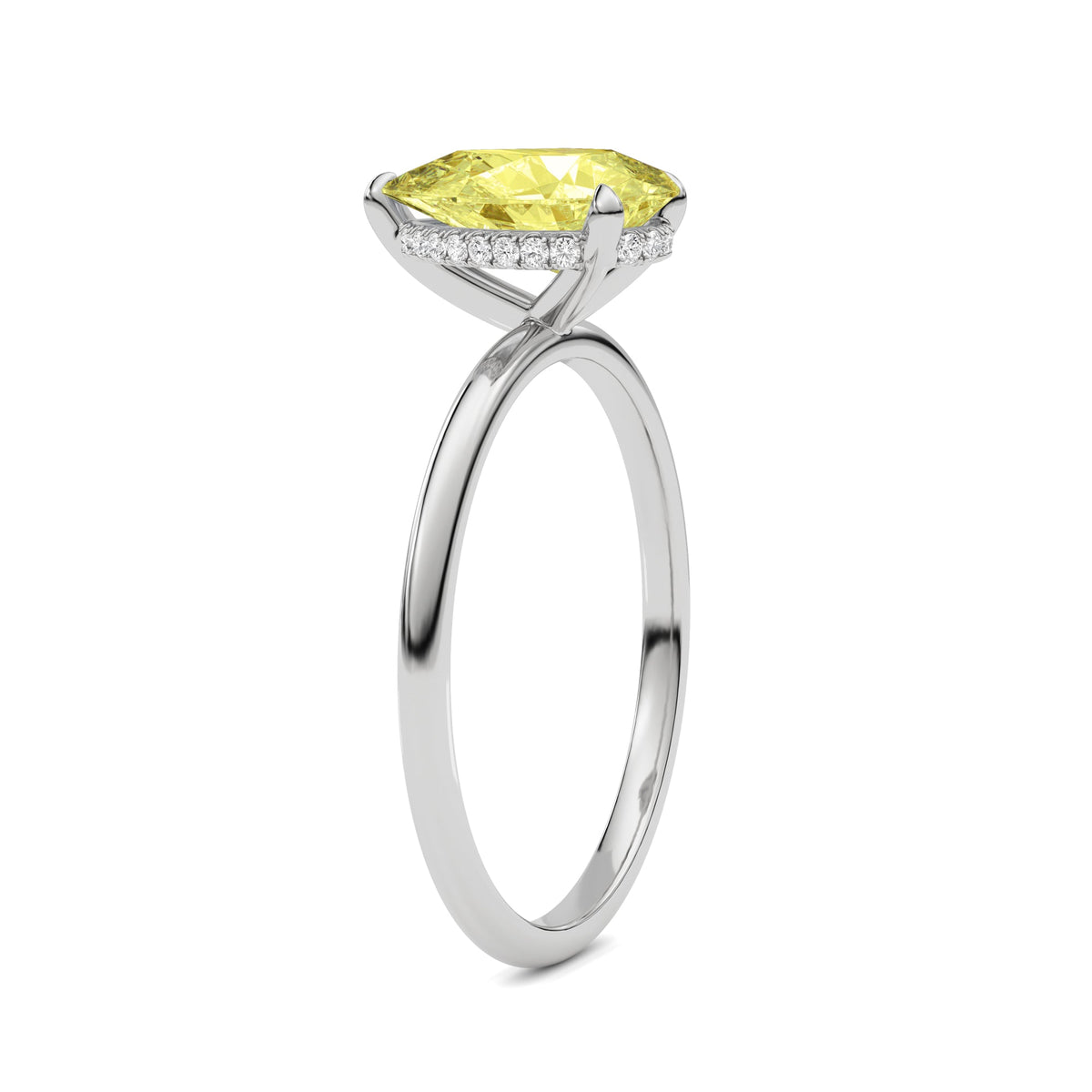 Silver Fancy Yellow Pear Cut Diamond Hidden Halo Solitaire Engagement Ring with Prong Setting