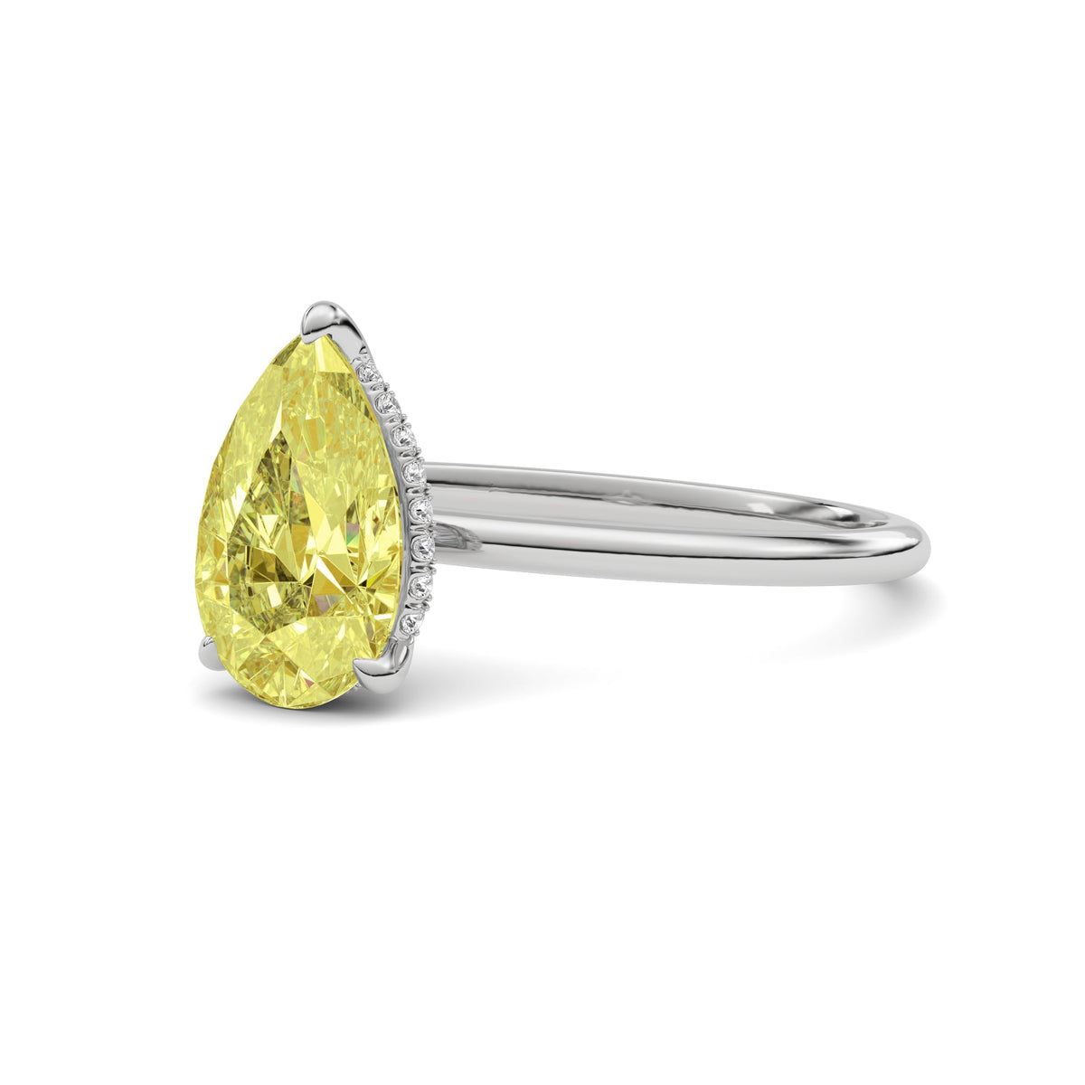Silver Fancy Yellow Pear Cut Diamond Hidden Halo Solitaire Engagement Ring with Prong Setting
