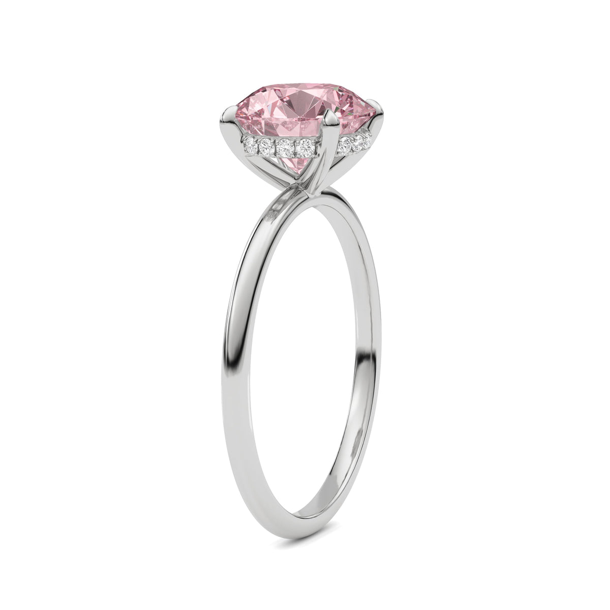 Platinum Fancy Pink Round Cut Diamond Hidden Halo Solitaire Engagement Ring with Prong Setting