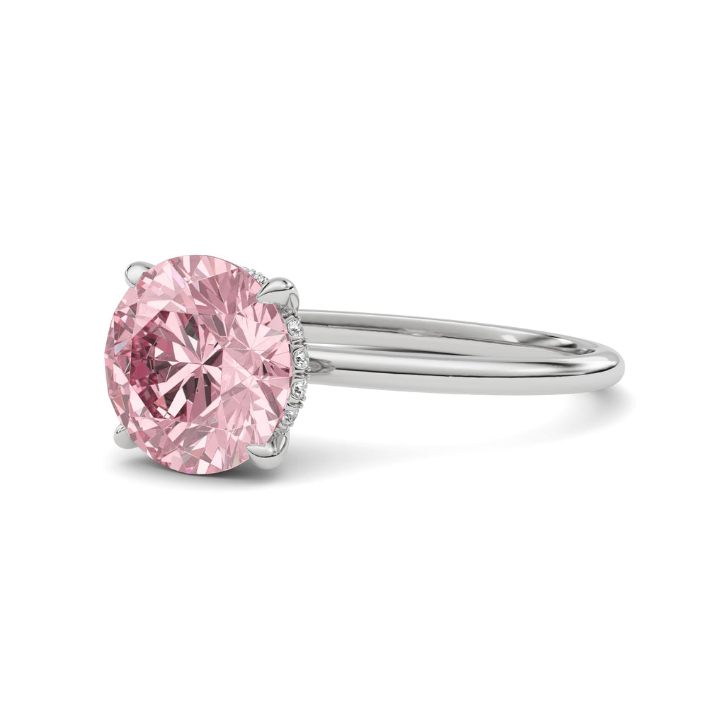 Platinum Fancy Pink Round Cut Diamond Hidden Halo Solitaire Engagement Ring with Prong Setting
