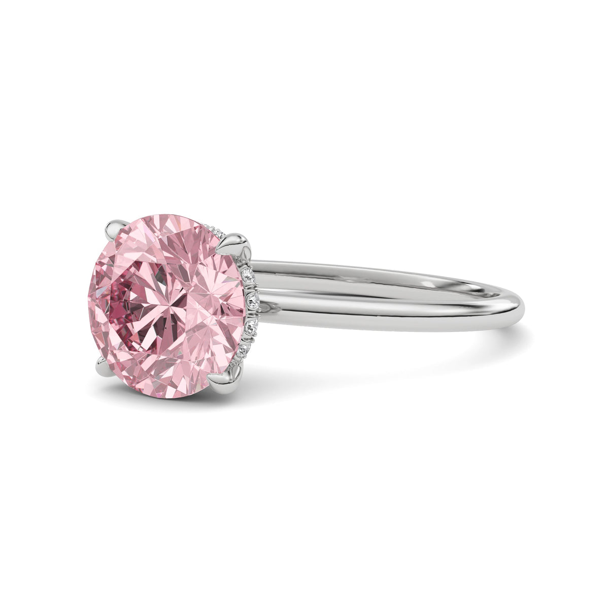 Platinum Fancy Pink Round Cut Diamond Hidden Halo Solitaire Engagement Ring with Prong Setting