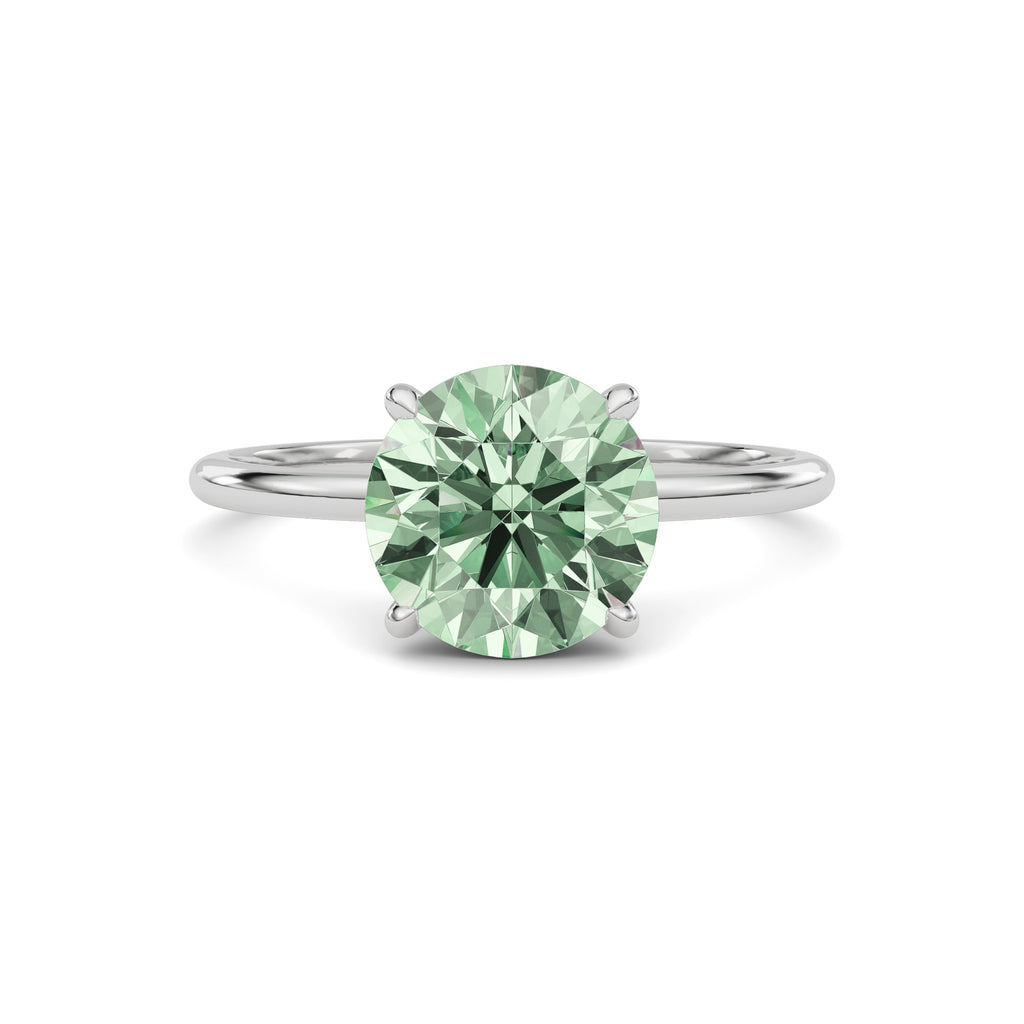 Platinum Fancy Green Round Cut Diamond Hidden Halo Solitaire Engagement Ring with Prong Setting