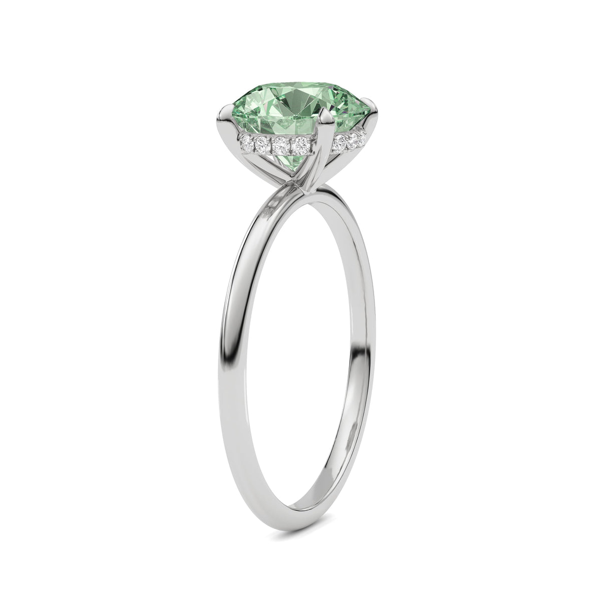Platinum Fancy Green Round Cut Diamond Hidden Halo Solitaire Engagement Ring with Prong Setting