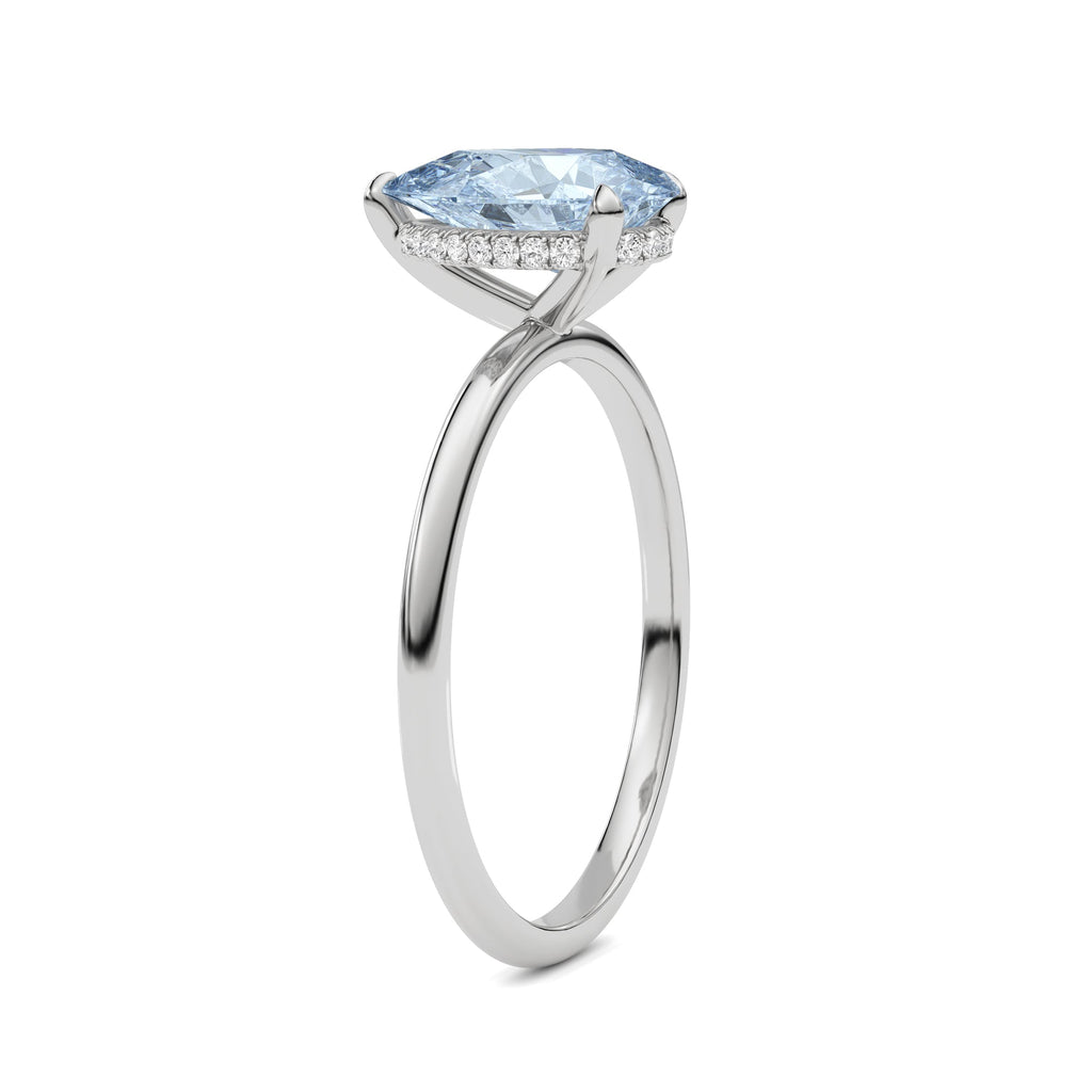 Platinum Fancy Blue Pear Cut Diamond Hidden Halo Solitaire Engagement Ring with Prong Setting