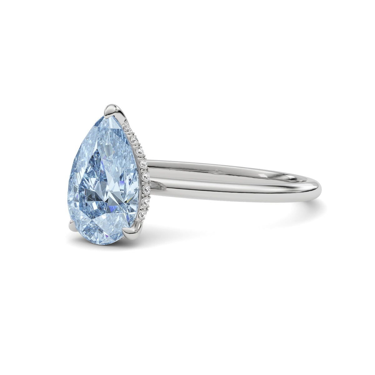 Platinum Fancy Blue Pear Cut Diamond Hidden Halo Solitaire Engagement Ring with Prong Setting