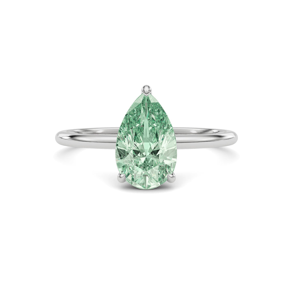 Platinum Fancy Green Pear Cut Diamond Hidden Halo Solitaire Engagement Ring with Prong Setting