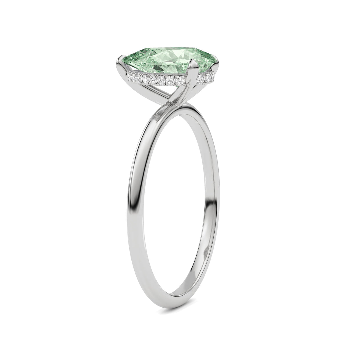Platinum Fancy Green Pear Cut Diamond Hidden Halo Solitaire Engagement Ring with Prong Setting