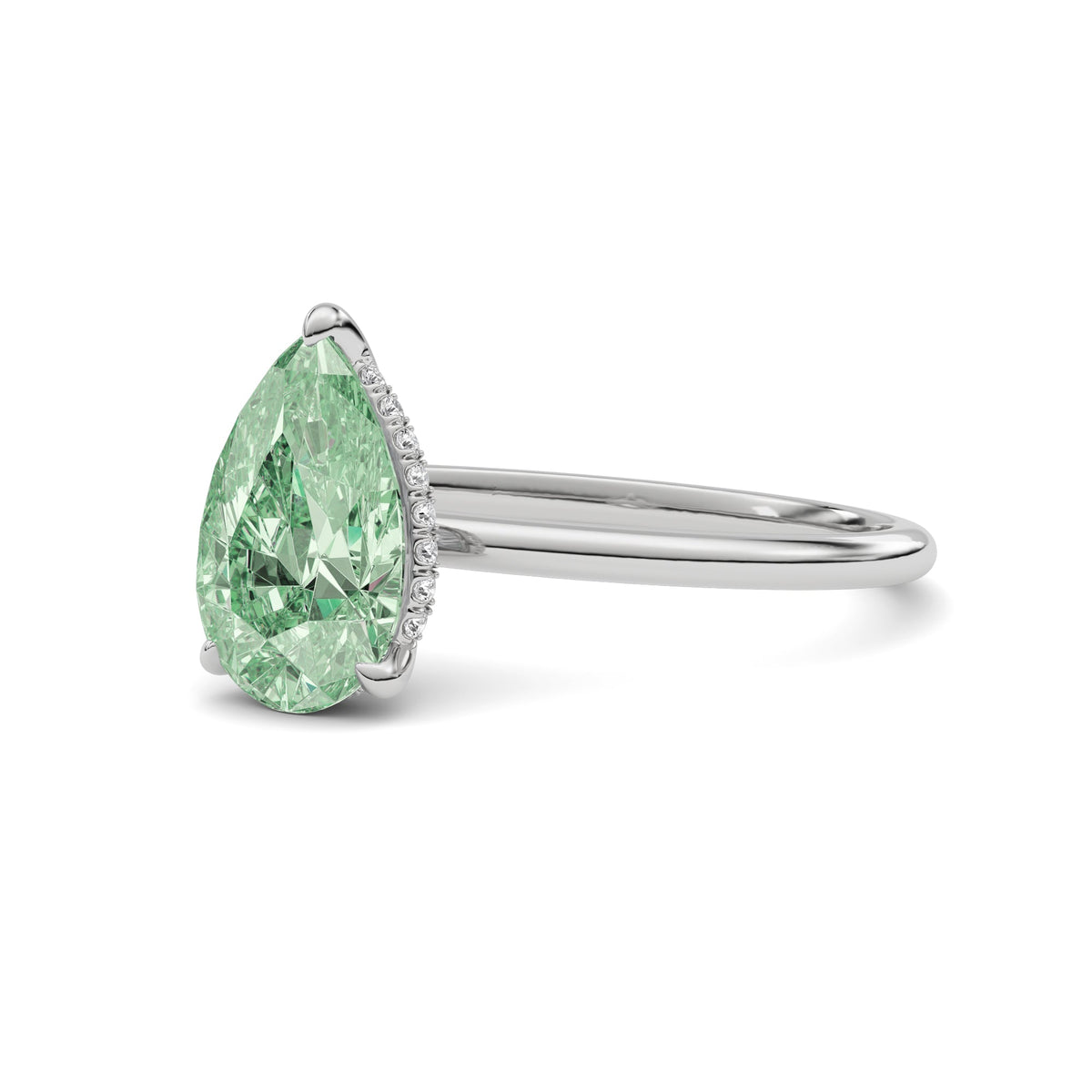 Platinum Fancy Green Pear Cut Diamond Hidden Halo Solitaire Engagement Ring with Prong Setting