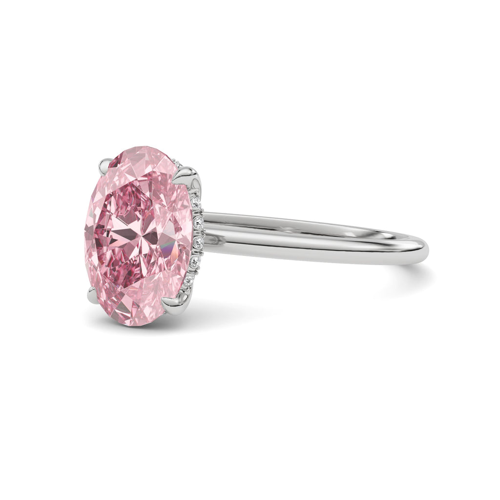 Platinum Fancy Pink Oval Cut Diamond Hidden Halo Solitaire Engagement Ring with Prong Setting