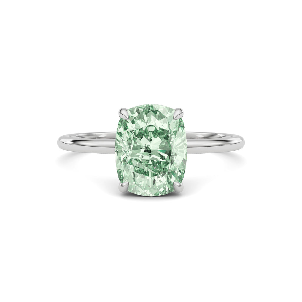 Platinum Fancy Green Cushion Cut Diamond Hidden Halo Solitaire Engagement Ring with Prong Setting