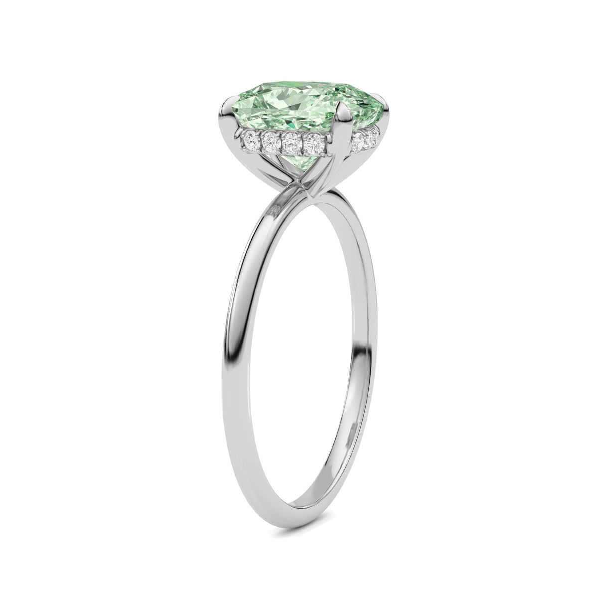 Platinum Fancy Green Cushion Cut Diamond Hidden Halo Solitaire Engagement Ring with Prong Setting
