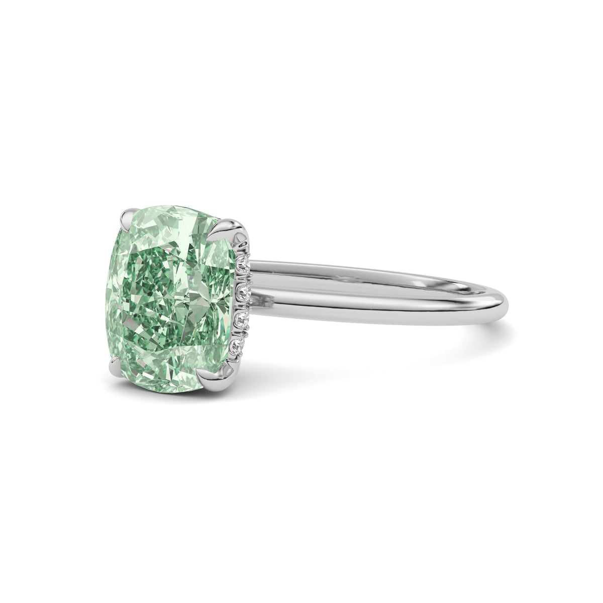 Platinum Fancy Green Cushion Cut Diamond Hidden Halo Solitaire Engagement Ring with Prong Setting
