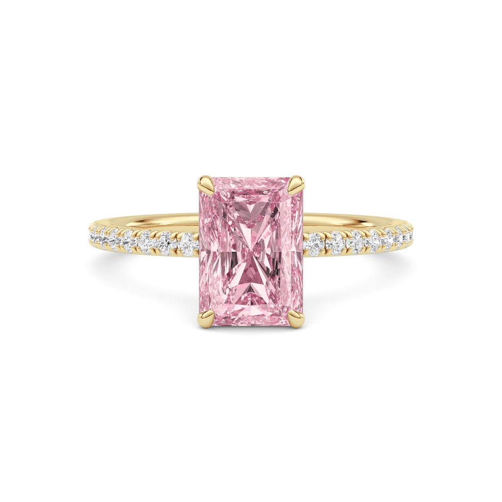 Yellow gold Fancy Pink Radiant Cut Diamond Solitaire with Pavé Band
