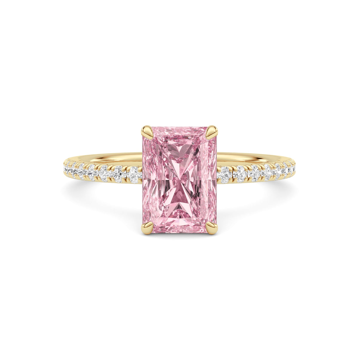 Yellow gold Fancy Pink Radiant Cut Diamond Solitaire with Pavé Band