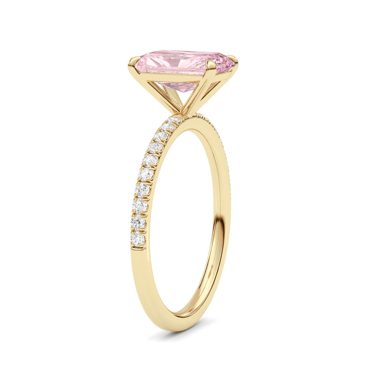 Yellow gold Fancy Pink Radiant Cut Diamond Solitaire with Pavé Band