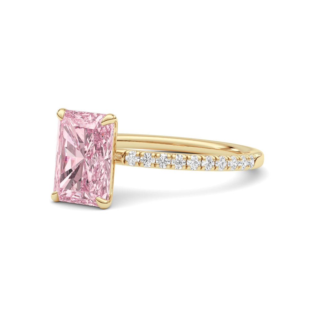 Yellow gold Fancy Pink Radiant Cut Diamond Solitaire with Pavé Band