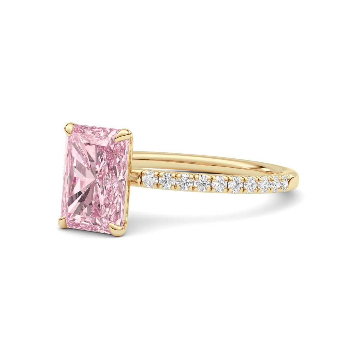 Yellow gold Fancy Pink Radiant Cut Diamond Solitaire with Pavé Band