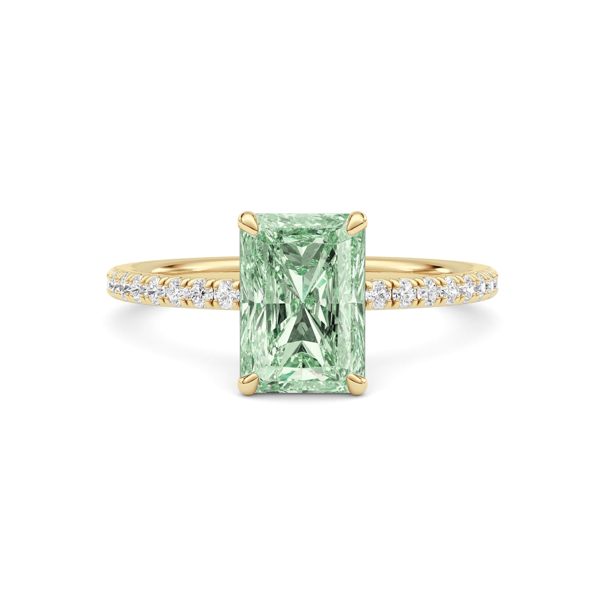 Yellow gold Fancy Green Radiant Cut Diamond Solitaire with Pavé Band