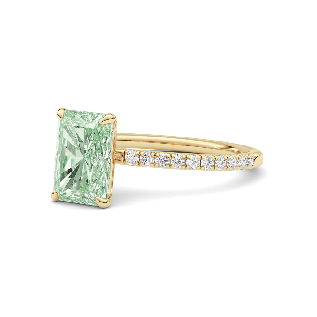 Yellow gold Fancy Green Radiant Cut Diamond Solitaire with Pavé Band