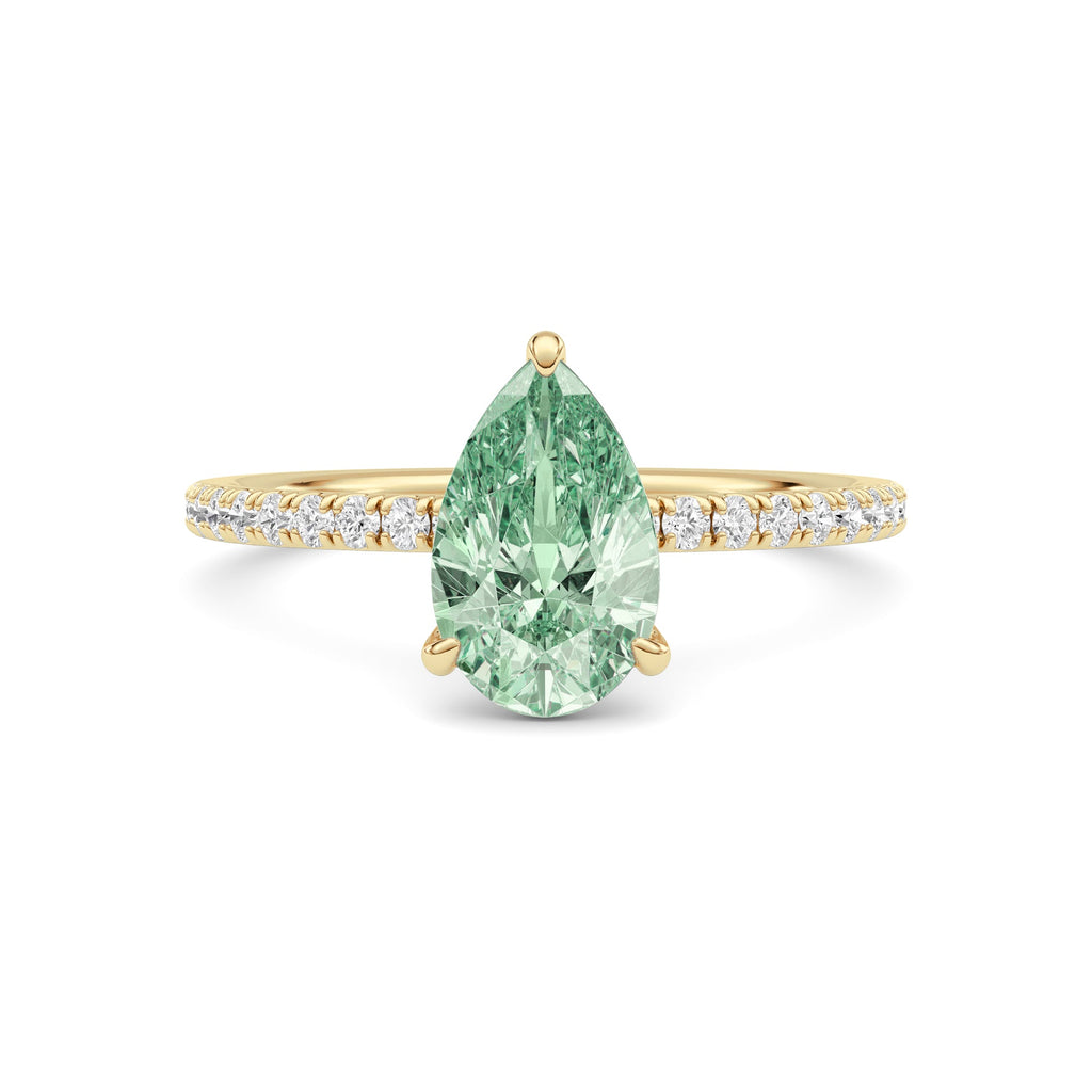 Yellow gold Fancy Green Pear Cut Diamond Solitaire with Pavé Band