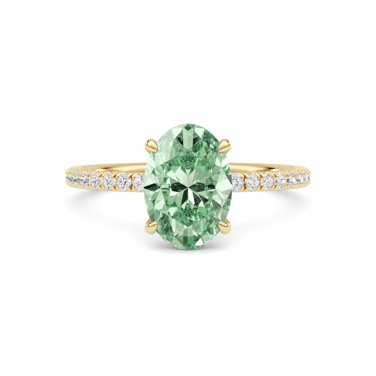 Yellow gold Fancy Green Oval Cut Diamond Solitaire with Pavé Band
