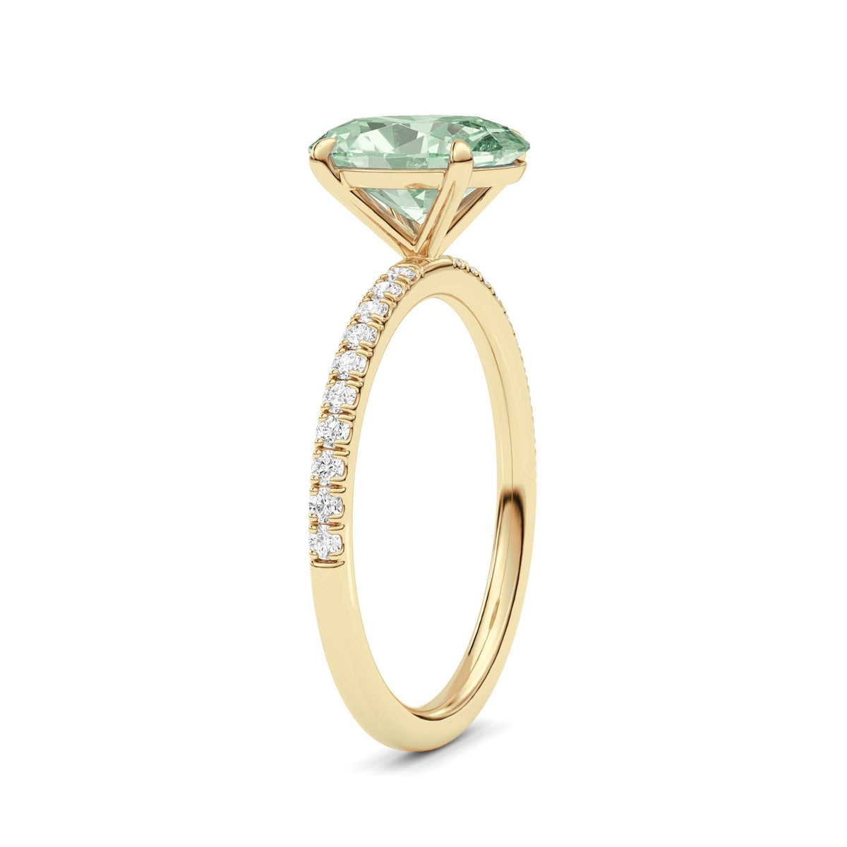 Yellow gold Fancy Green Oval Cut Diamond Solitaire with Pavé Band