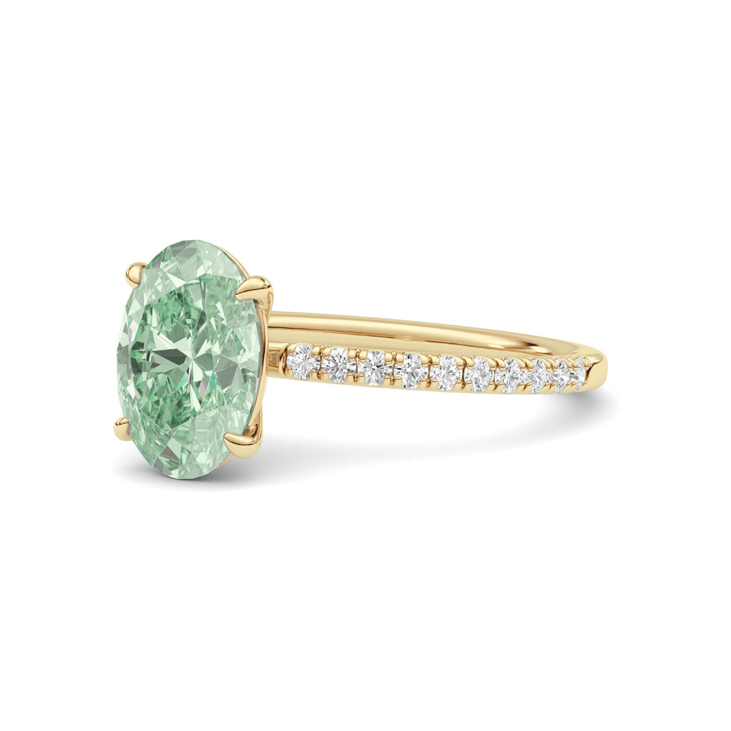 Yellow gold Fancy Green Oval Cut Diamond Solitaire with Pavé Band
