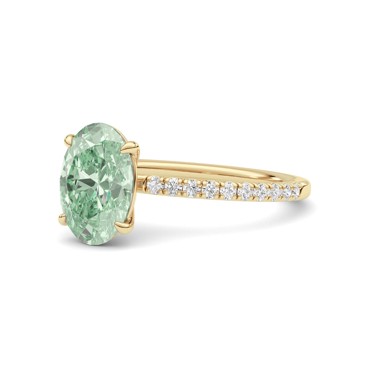 Yellow gold Fancy Green Oval Cut Diamond Solitaire with Pavé Band