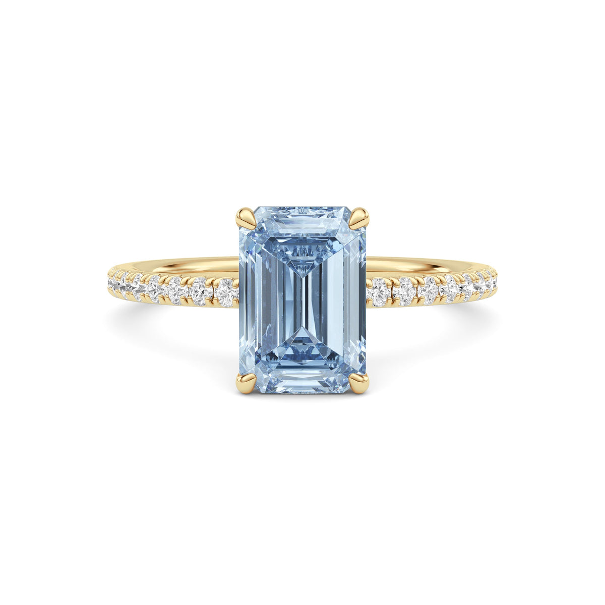 Yellow gold Fancy Blue Emerald Cut Diamond Solitaire with Pavé Band