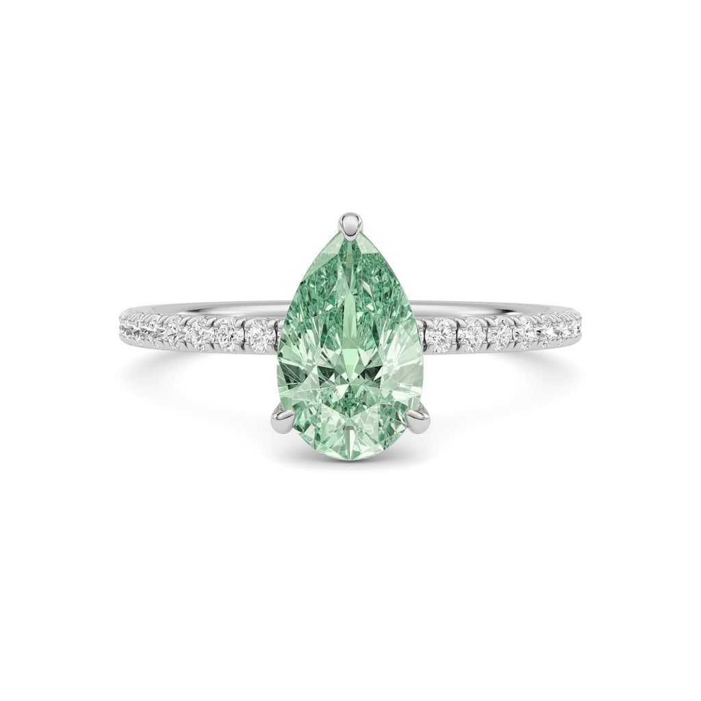 White gold Fancy Green Pear Cut Diamond Solitaire with Pavé Band