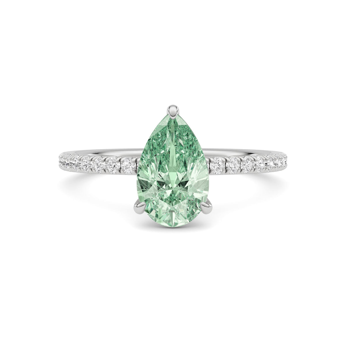 White gold Fancy Green Pear Cut Diamond Solitaire with Pavé Band